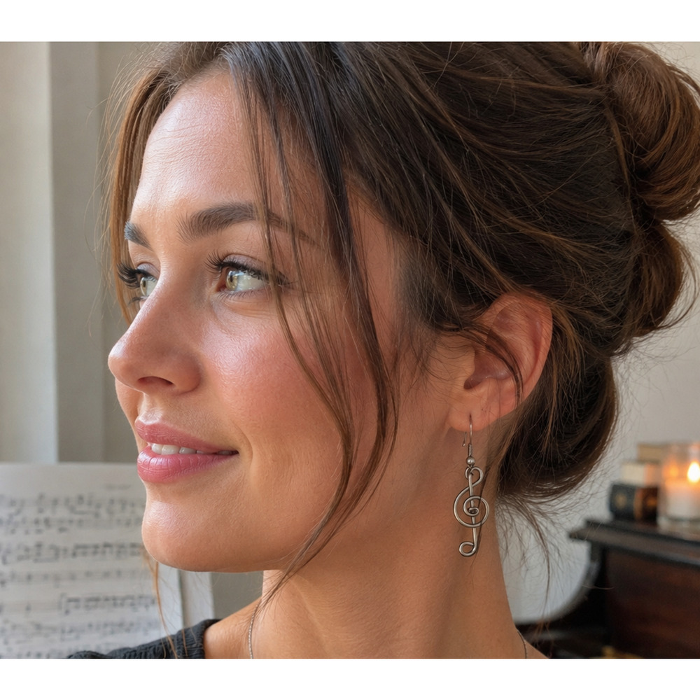 Silver Tone Treble Clef Dangle Earrings Music Note Wire Wrapped Musician Artisan